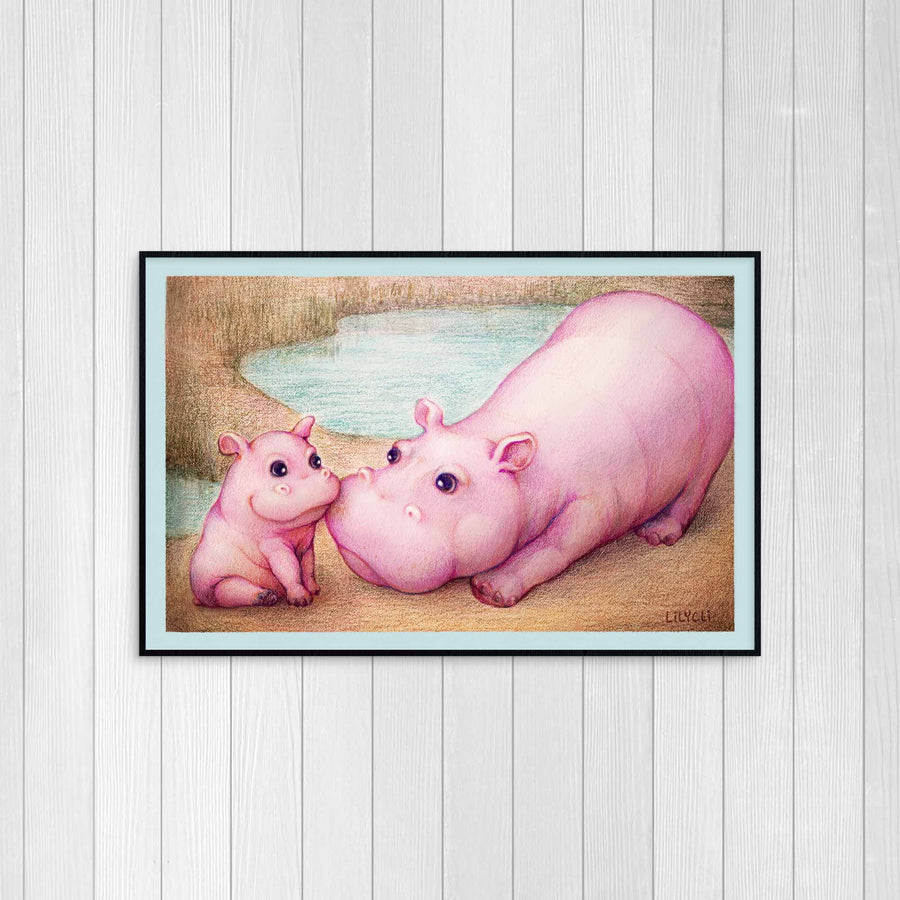 Hippopotamus Family Poster Print