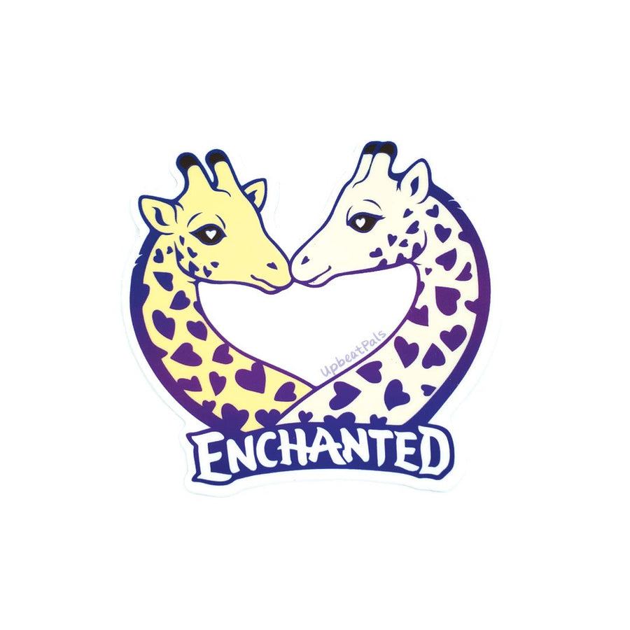 Two giraffe busts entwined at the neck gazing lovingly at each other, with the word Enchanted underneath